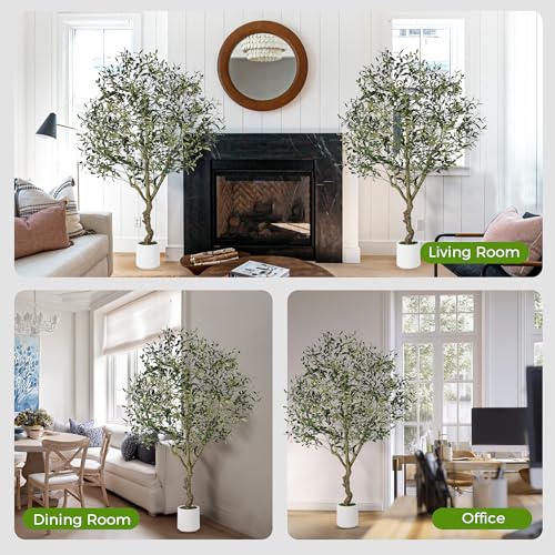 Jocoevol Olive Trees Artificial Indoor, 6FT Tall Faux Olive Tree with White Tall Planter, Artificial Plants with Natural Wood Trunk and Lifelike Fruits for Home Office Decor, 1 Pack - size: 6ft