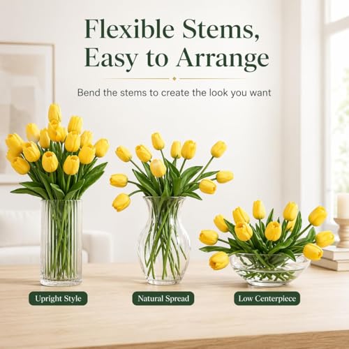 MACTING Yellow Artificial Tulip Flowers - 13.7" 30PCS Real Touch Fake PU Tulips Bouquet Faux Flowers for Floral Arrangements Table Centerpieces Kitchen Indoor Home Mothers Day Decorations - color: Yellow