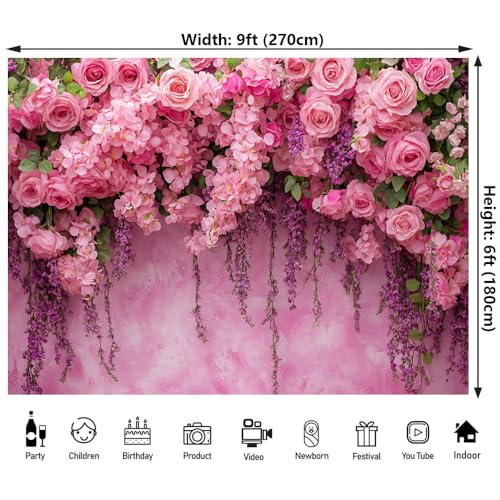 9x6ft Pink Rose Flower Wall Backdrop for Birthday, Wedding, Bridal Shower, Valentine Day Party Decorations Pregnant Mother Portrait Photo Background - color: Pink, size: 9x6ft