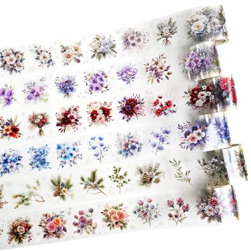 6-Roll Winter Floral PET Tape Set, Pre-Cut Transparent Waterproof Flower Sticker Rolls for Scrapbooking, Journals, Planners, DIY Crafts, Cards and Gift Wrapping - style: Winter Bloomscape