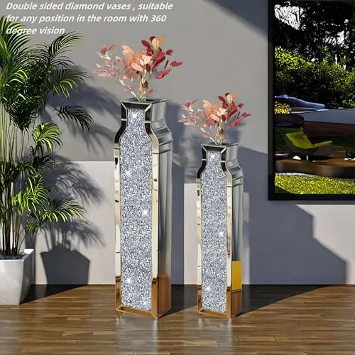 24" Tall Floor Vase, Double Sided Crushed Diamond Mirrored Vases,Large Flower Vase for Home Decor, Mirror Glass Decorative for Living Room,Office,Centerpiece (Crushed Diamond:6.2''L X 4.1''W X 24''H) - size: Crushed Diamond:6.2"L X 4.1"W X 24"H