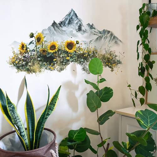 Mountain Wall Decals Summer Sunflowers Wall Stickers Peel and Stick Removable Vinyl Nature Wallpaper Art Sticker Decal for Kitchen Living Room Bedroom Bathroom Decorations - style: Mountain