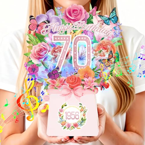 70th Birthday Cards, Light and Music 70 Years Old Happy Birthday Card, Rose Lily Orchid and Butterflies, 10 Inch Forever Flower Bouquet 3D Pop Up 1956 Birthday Gift Card for Women Wife Mom Grandma Sister - size: 1956-70th