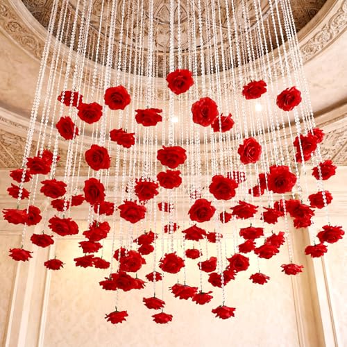Norme 16pcs 31.4 Inch Red Rose Hanging Garland Crystal Beaded String Garland Artificial Rose Flower Decor for Mother's Day Ceiling Wedding Engagement Bridal Shower Party Decorations - color: Red