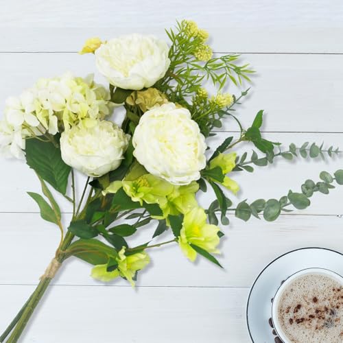 Artificial Flowers Bouquet – Fake Silk Hydrangea Peony and Eucalyptus Mix, Faux Flower Arrangements for Home, Office Decor and Dining Table Centerpieces (White Yellow&Green) - color: White Yellow &Green