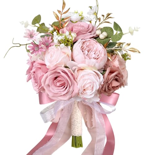 9 Inch Blush Pink Wedding Bouquets for Bride Bridesmaid, Artificial Fake Dusty Roses Gold Flowers Pearl Bridal Bouquet Pastel Spring Boho Rustic Wedding Decoration Toss Bouquet Prom Anniversary - color: Dusty Pink Gold