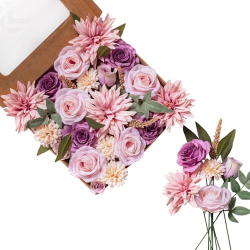 FANKO Artificial Flowers for DIY Bouquet, Purple Blush Pink Faux Rose, Lavender Ivory Fake Flower Rose Dahlia Daisy for Vase, Floral Arrangement, Centerpieces, Wedding, Home Decor, Party Decoration - color: Blush & Purple
