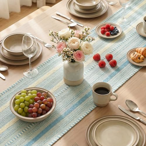 Artoid Mode Sky Blue Farmhouse Woven Table Runner, Seasonal Holiday Rustic Kitchen Dining Table Decoration for Home Party Decor 12x72 Inch - color: Sky Blue, size: 12" x 72", Table Runner