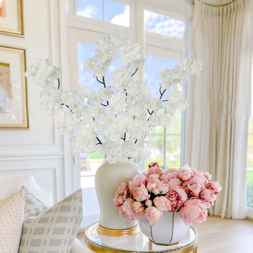 2 Pcs Artificial Cherry Blossom Flowers Branches 41" Faux Cherry Blossom Long Stem White Silk Cherry Blossom Tree Tall Fake Flower Arrangement for Home Wedding Centerpieces Spring Indoor Decor - color: White