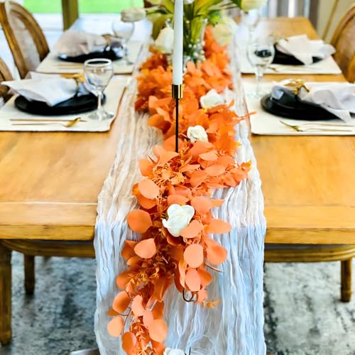 CQURE 3Pcs Eucalyptus Garland,Artificial Eucalyptus Leaves Table Greenery Garland Wreath Vines for Wedding Party Table Fireplace Bedroom Wall Room Decor - size: 17.7 Ft-Orange