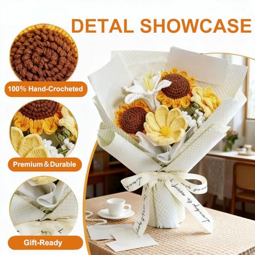 Crochet Flower Bouquet Handmade Artificial Flowers with Card - color: Sunflower