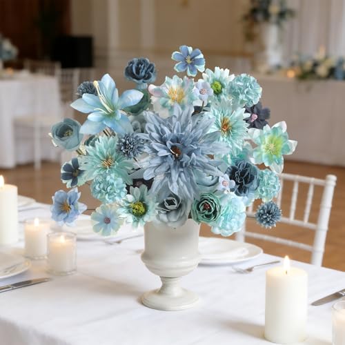 Artificial Flowers Heads Combo Blue Flowers Mix Silk Flowers Heads Bulk Faux Rose for Craft Garland Graduation Cap Wedding Bridal Baby Shower Home Party Decoration DIY Cake Decor - color: Blue