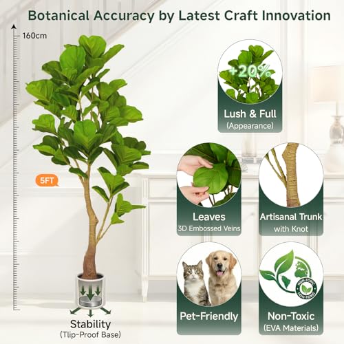 5ft Artificial Fiddle Leaf Fig Tree Tall Large Realistic Fake Ficus Lyrata Plant for Indoor Home Decor Office Living Room Floor Plant Modern Farmhouse Silk Tree 60 Inch Pet Safe Maintenance Free - size: 5FT