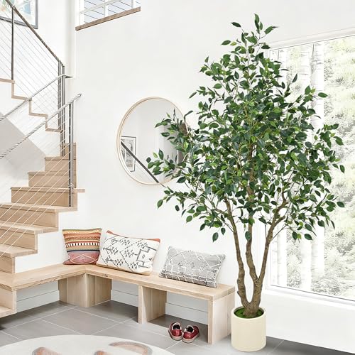 Artificial Ficus Tree 6.5ft - Tall Fake Indoor Tree with Lifelike Leaves and Realistic Trunks, 78 inch Faux Tropical Plant Artificial Floor Potted Trees for Home Living Room Office Porch Outdoor Decor