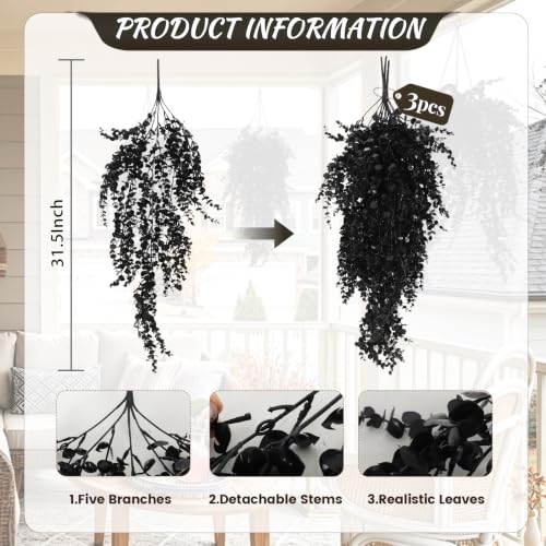 RECUTMS Black Artificial Hanging Gothic Plant 30" Fake Fall Greenery Vines | 3Pcs Artificial Greenery for Outdoors,UV Resistant Faux Ivy,Plastic Plants for Indoor Outdoor Halloween Garden Decoration - color: Black Grass, size: Hanging Plants