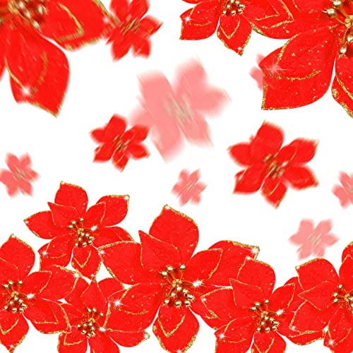 Geosar 100 Pcs 3 Size Christmas Poinsettia Flowers with Clips Glitter Artificial Flowers Small Christmas Tree Ornaments Faux for Xmas Party DIY Craft Wreath Garland New Year, 3/4/6 Inches(Red) - color: Red