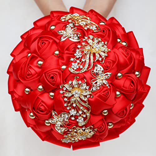 WIFELAI-A Golden Rhinestone Brooch Wedding Flowers Bridal Bouquets Crystal Bride Holding Bouquet White Ivory Satin Roses with Diamond - color: Red
