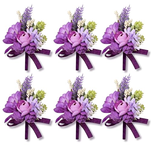 Purple Boutonniere for Men Wedding, Set of 6, Groom and Best Man Boutonniere for Wedding Ceremony Anniversary, Formal Dinner Party and Rustic Fall Wedding Marriage - color: Purple1# Boutonniere(set of 6)
