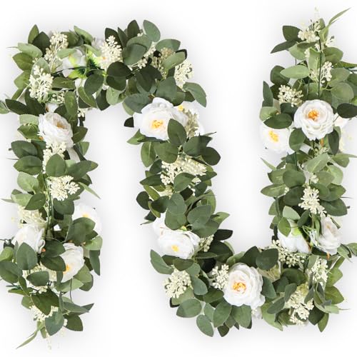 MAKHOT 2Pack White 6.6 Ft Eucalyptus Garland with Lovely Faux Rose Flowers, Artificial Eucalyptus and Rose Garlands Decor, Floral Greenery Garland for Wedding Home Table Decor (White) - color: White-2pcs
