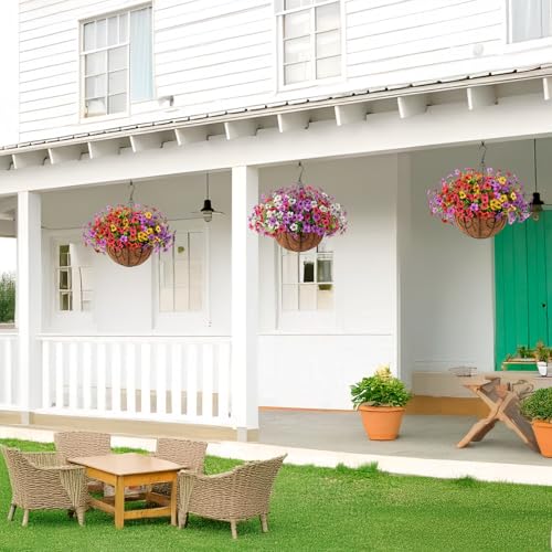 Homsunny Artificial Fake Hanging Flowers Plants Basket for Outdoor Spring Summer Decoration, Faux Silk Flower Outside UV Resistant Look Real Yard Patio Front Porch Garden Balcony Home Decor(Mix3) - color: Pink Red Yellow Purple