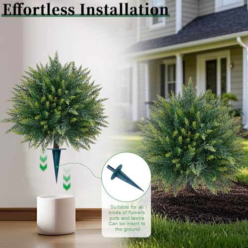 2 Pack Artificial Cedar Topiary Trees with Ground Spike, Fake Pine Shrubs Bushes, UV Resistant Faux Evergreen Cypress Tree Plants for Indoor Outdoor Planters Front Porch - color: Cedar