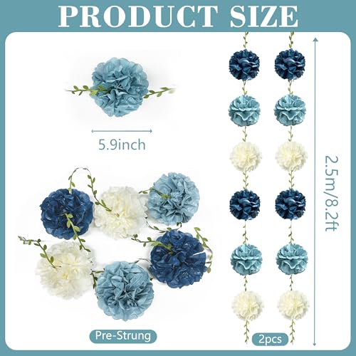 Dusty Blue Party Decorations Dusty Navy Blue Beige Tissue Paper Flowers Pom Pom with Leaf Ribbon Hanging Garland Streamer for Birthday Baby Shower Wedding Graduation Retirement Nautical Party Supplies - color: Dusty Blue Beige