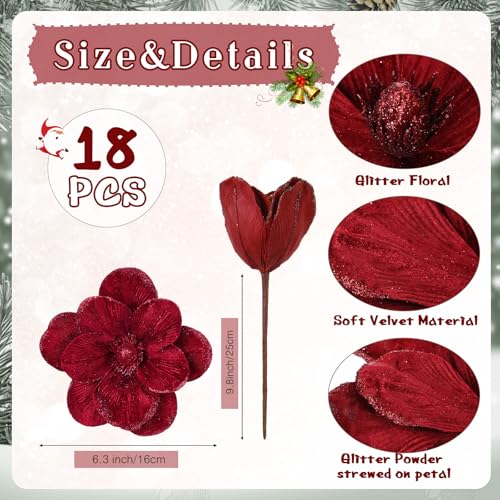 18 Pcs Large Velvet Christmas Poinsettia Magnolia Flowers Ornaments Glitter Big Heads Artificial Magnolia Flowers for Decoration Wedding Decor Supplies(Red) - color: Red