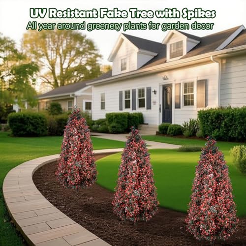 Faux Boxwood Topiaries Trees, 3.3FT Ste 2 Artificial Plants with Spikes Outdoor, Red Fake Topiary Realistic Bushes, UV Resistant Greenery for Indoor, Planter Front Porch Office Spring Decor-Red