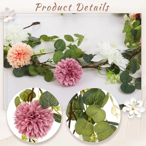 Giegxin 1 Pack 6 ft Artificial Flower Garland with Dahlias and Chrysanthemum Dusty Pink Summer Eucalyptus Greenery Garland for Wedding Porch Stair Table Centerpieces Baby Shower Birthday Decor - style: Chrysanthemum