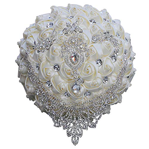 Handmade Luxury Wedding Bridal Bouquet Large Silk Rose Holding Toss Artificial Flowers Bouquets with Satin Ribbon Pearls Rhinestone for Bride Vintage Royal Wedding Bouquet Decor(Ivory) - color: Ivory