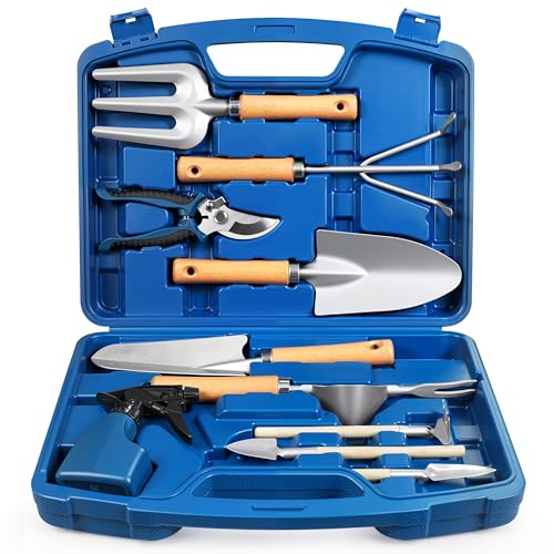 Grenebo 12-Piece Gardening Tool Set for Men, Rust-Proof & Heavy-Duty Hand Garden Tools with Sturdy Blue Carrying Case, Practical & Stylish Gardening Gifts for Men (Blue) - color: Blue