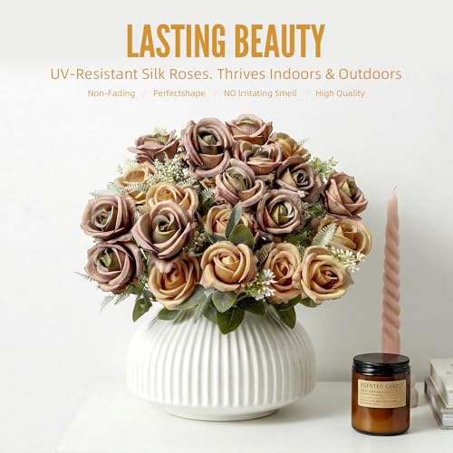 Fake Roses Brown Roses Artificial Roses Silk Roses Artificial Roses with Stems 24 Full Flower Heads Faux Roses for Outdoor Indoor Centerpieces Home Wedding Farmhouse Decor No Vase(4PCS,Brown) - color: Brown 4pcs