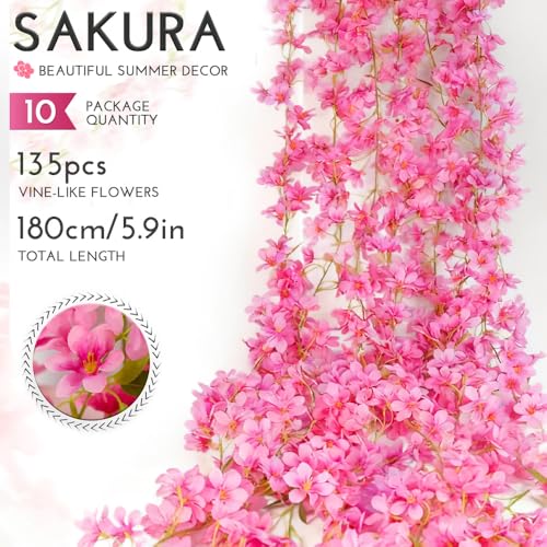 YRIOWMI 10PCS 59FT Artificial Silk Cherry Blossom Garland, Hanging Sakura Flower Vines for Wedding Party Home Arch Office Sakura Decor (Deep Pink) - color: Deep Pink