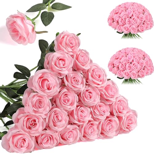 Nubry 24pcs Artificial Pink Roses, Fake Silk Roses Flower with Long Stems, Realistic Flowers for Bridal Wedding Party Table Centerpiece Home Decor - color: Pink
