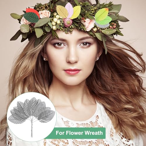 M METERXITY 100-Pack Artificial Silk Leaf, Faux Wire Single Leaves, Fake Flower Leaf with Stem for DIY Bouquet/Wreaths/Wedding/Garland/Party Decorations, Fake Rose Craft Leaves [Silver] - color: Silver