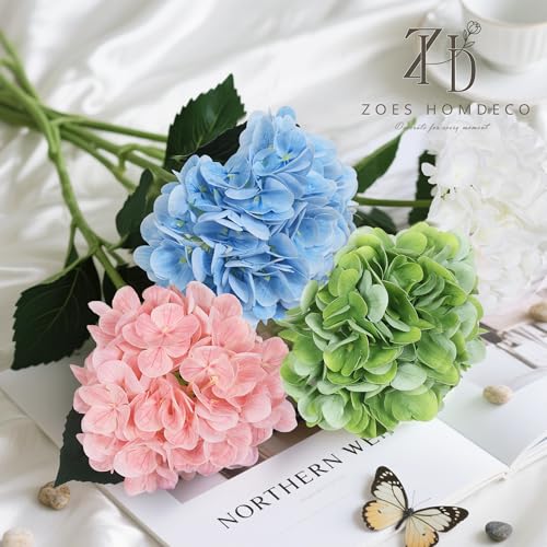 4PCS Blue Hydrangea Artificial Flowers 25" Real Touch Flowers Bouquets, Faux Floral Arrangements for Home Table Centerpieces Party Floral Arrangements - color: Blue