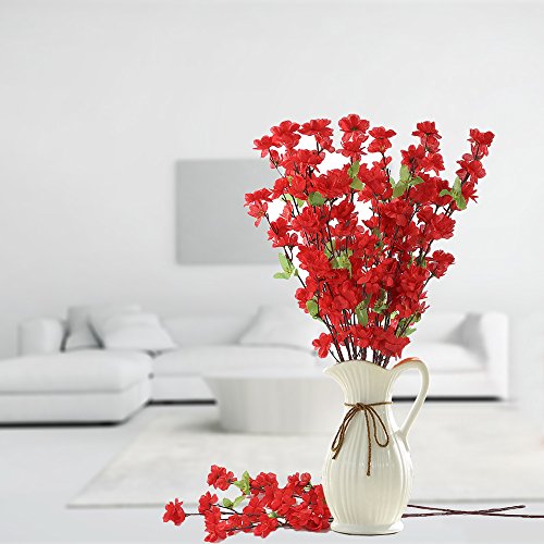 10PCS Artificial Cherry Blossom Branches Silk Spring Peach Blossom Fake Flowers Arrangements for Home Wedding Decoration (Red) - color: Red