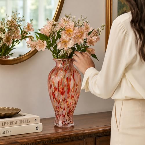 11.8" Tall Hand Blown Red Art Glass Vase, Multicolor Glass Vase, 2.5" Opening for Flowers, Centerpiece Decor for Living Room, Dining Table, Mantel Shelf, Pampas Grass (Red White) - color: Red White