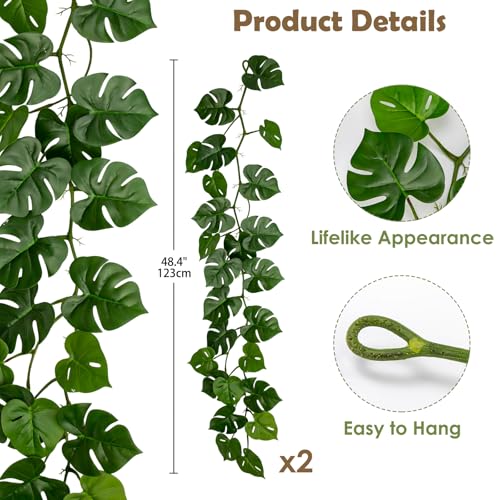 2Pcs Artificial Monstera Leaves Vines 4ft Fake Hanging Plant Ivy Vines Greenery Garland Faux Tropical Vine Decor for Wall Jungle Luau Beach Birthday Party Indoor Outdoor Home Décor - color: Monstera#style 2
