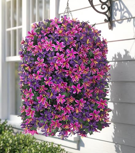 Hoppwodd Artificial Flower for Outdoors 4pcs Fake Lily Hanging Flower Baskets for Outside UV Resistant Silk Faux Long Trailing Vines for Garden Porch Patio, Fuchsia & Purple - color: Fuchsia & Purple