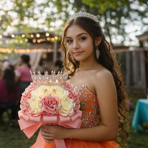 Suncalla 8.7" Ramo de Quinceañera Peach Pink & Cream Bridal Wedding Bouquet with Crown Satin Rose Bling Artificial Flower Bunch Inspiración Ramos para Quinceaños for Bride Wedding Quinceanera