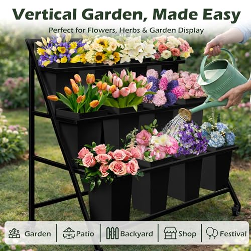PROLEE Flower Display Stand with 12 Buckets, Flower Cart 3 Layers, Flower Stand Metal with Wheels, Moving Florist Bouquet Shelf, Triangular Rack Black - color: Black