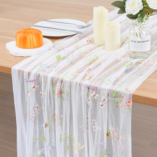 BINBE 1pcs Ivory Florals Table Runner Embroidery Gauze 10FT Daisy Seasonal Tulle Birthday Wedding Holiday Kitchen Dining Table Decor for Home Party - color: Lvory, size: 10ft x 1pack