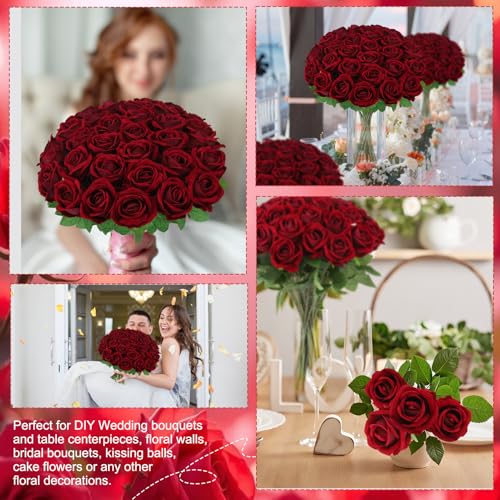 36 Pcs Velvet Texture Burgundy Artificial Flowers Bridal Bouquet, Fake Rose Long Stem Realistic Flowers Bulk for Valentine's Day Wedding Bouquet Ball Arrangement Centerpiece Party Home Decor - color: Burgundy