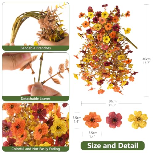 Homsunny Artificial Faux Mums Fall Flowers for Outdoor Outside Decoration | 2 pcs fake fall silk flowers for outside,16 branches tips per bunch，realistic UV-resistant for home Porch balcony patio - color: Orange Yellow Brown