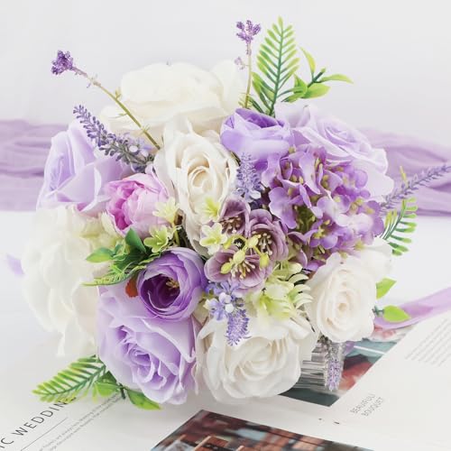 Bridesmaid Bouquets for Wedding 1 Pack - 9 Inch Artificial Flowers Bouquets for Ceremony Anniversary Centerpieces Decorations - Dusty Purple - color: Dusty Purple, size: Set of 1 Bridesmaid Bouquets