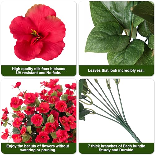 Fake Hibiscus Artificial Flowers for Outdoors Spring Summer Decoration, 6 Bundles Silk Red Hibiscus Flowers Bouquet UV Resistant Look Real Faux Plants for Outside Planter Front Door Porch Balcony Yard - color: Red