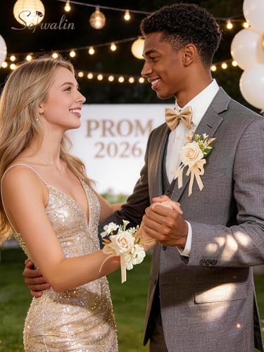 Serwalin Champagne Rose Corsage and Boutonniere Set, 2 Pcs Boutonniere and Wrist Corsage Wristlet Prom Flowers Wedding Ceremony Party Accessories Suit Decorations - color: Champagne, size: 1 Boutonniere & 1 Wrist Corsage - 2pcs