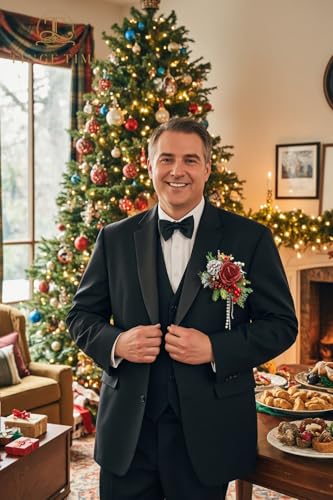 TINGE TIME Single Pocket Boutonniere for Man Groom, Best Man Boutonniere for Wedding, Prom, Homecoming, Anniversary, Graduation, Christmas Dinner (Christmas Red) - color: Xmasred