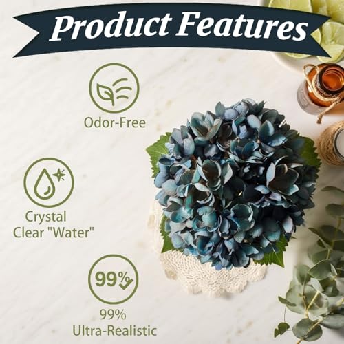 Blue Artificial Hydrangea Flowers with Glass Vase, Faux Floral Arrangements with Fake Water, Lifelike Hydrangeas Table Centerpieces for Dining Room, Coffee Table, Bathroom Decor - color: D-blue